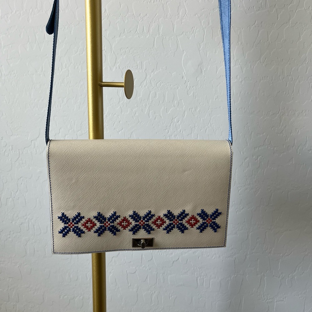 Embroidered Cream and Blue Crossbody Handmade Bag